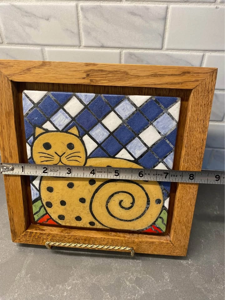 Vintage Framed Ceramic Tile Art with Cat motif - photo 4