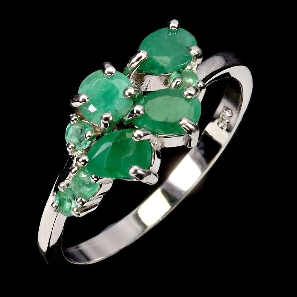 Emerald Ring 14K White Plated Silver Size 7 Oval Cut Solitaire