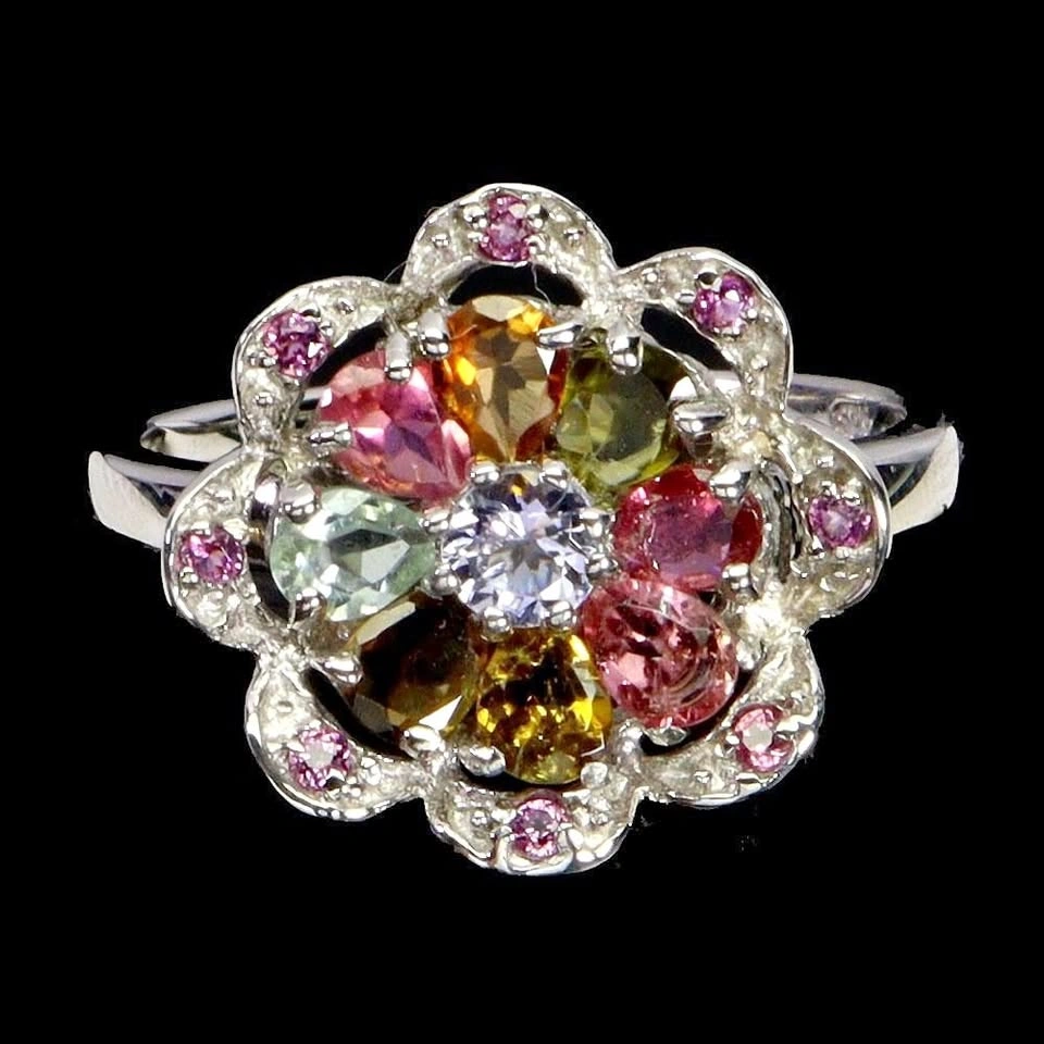Rhodolite Garnet Tanzanite Tourmaline Ring 14K Plated Size 7