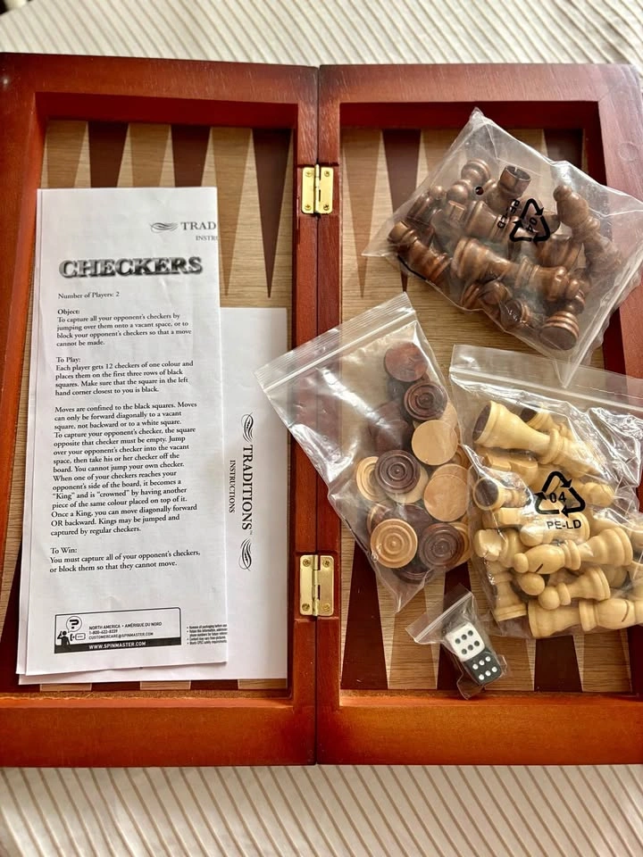 3-in-1 Wooden Chess, Checkers & Backgammon Set
