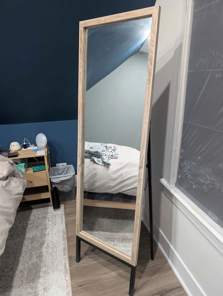 Oak and Metal Modern Floor Mirror Brown