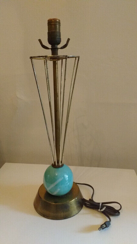 Vintage MCM Brass Base Umbrella Cage Tiffany Ceramic Lamp