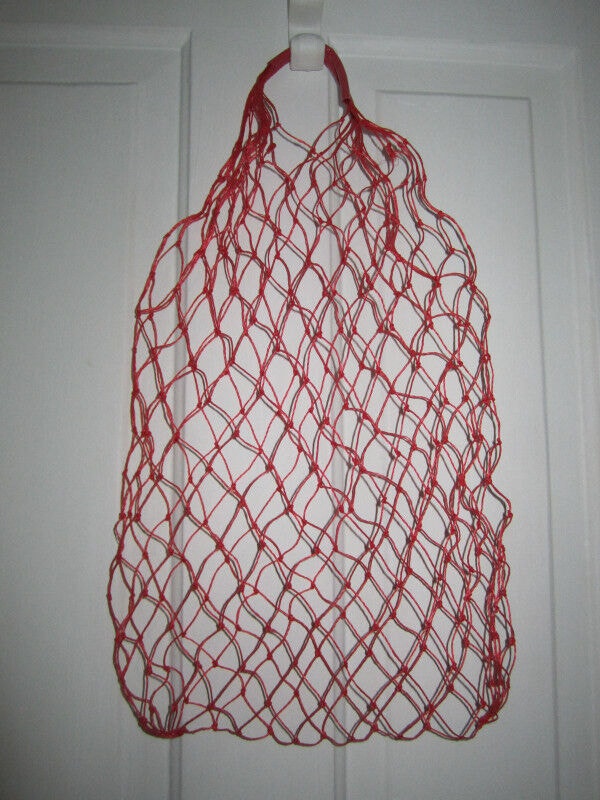 Vintage red nylon poly net produce bag with handles
