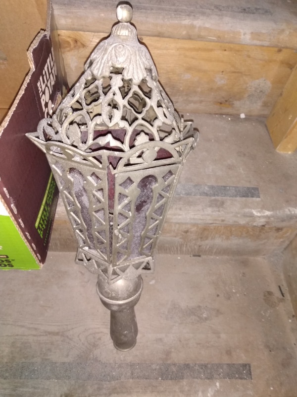 Vintage metal and red glass light fixture