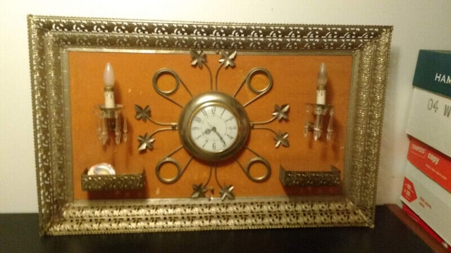 Vintage Kitchy Gold Tin Frame with Clock and Chandelier Art