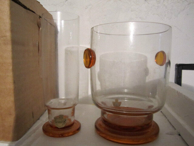 Vintage MCM Glass Bar Set - Ice Bucket & 6 Glasses