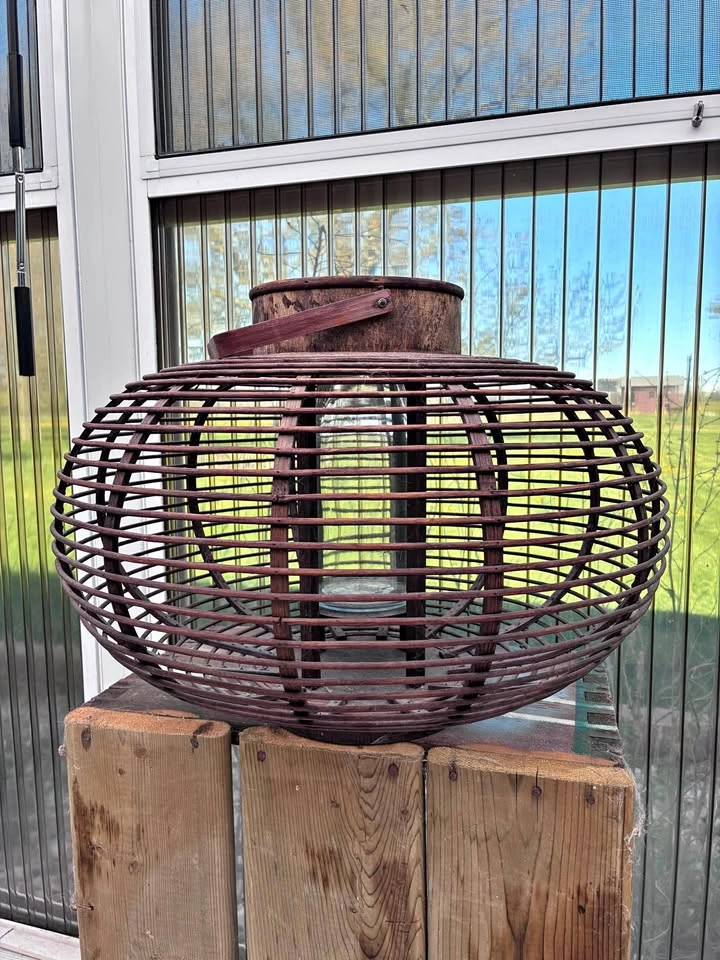 TWO brown wicker pendants