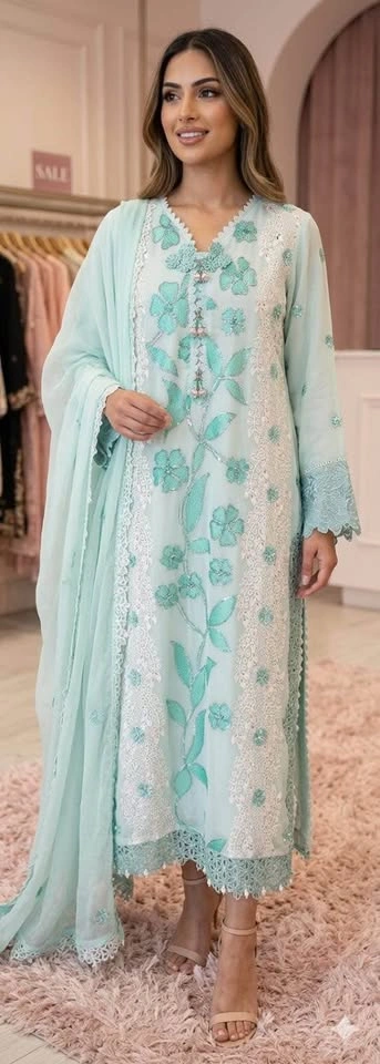 Maria B Inspired 3pcs Chiffon Chickenkari Embroidered Suit - photo 2
