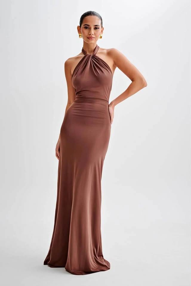 Meshki Brown Halter Neck Maxi Dress