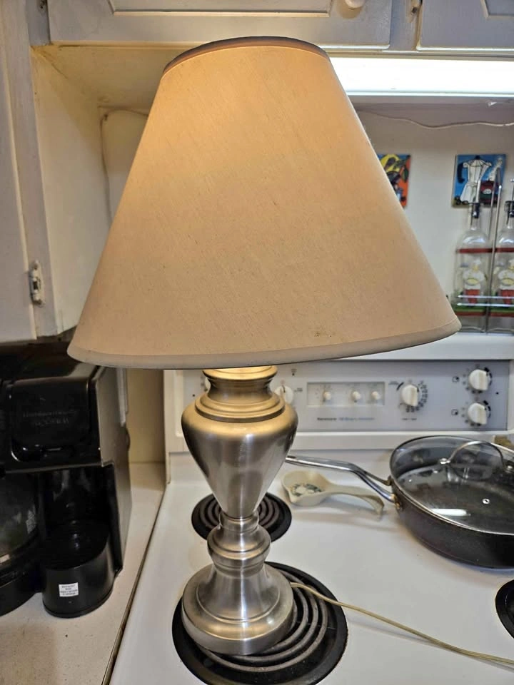 Brushed Nickel Table Lamp with Tan Shade