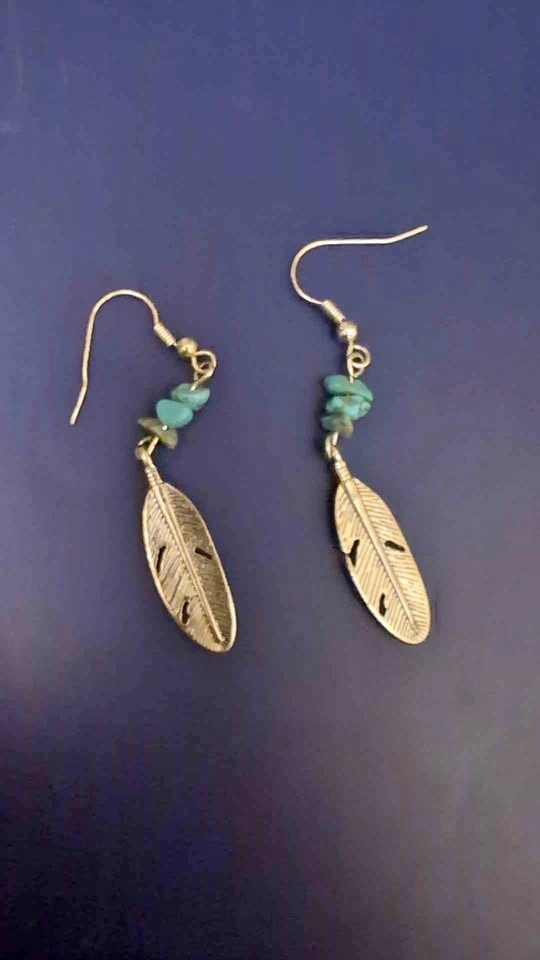 Gold Feather Earrings with Turquoise Beads