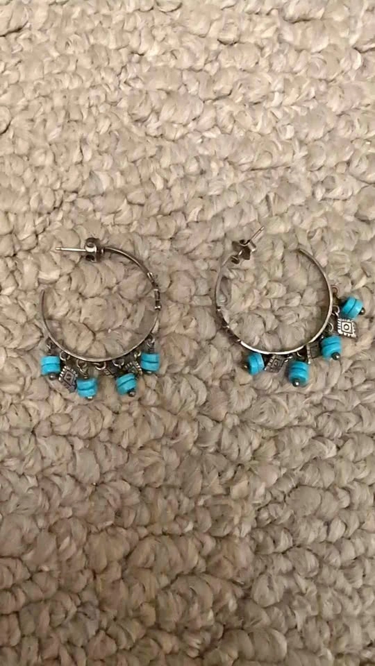 Silver Hoop Earrings with Turquoise Beads