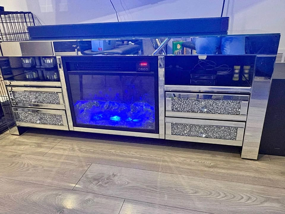Mirrored Electric Fireplace TV Stand with Crushed Diamond Accent