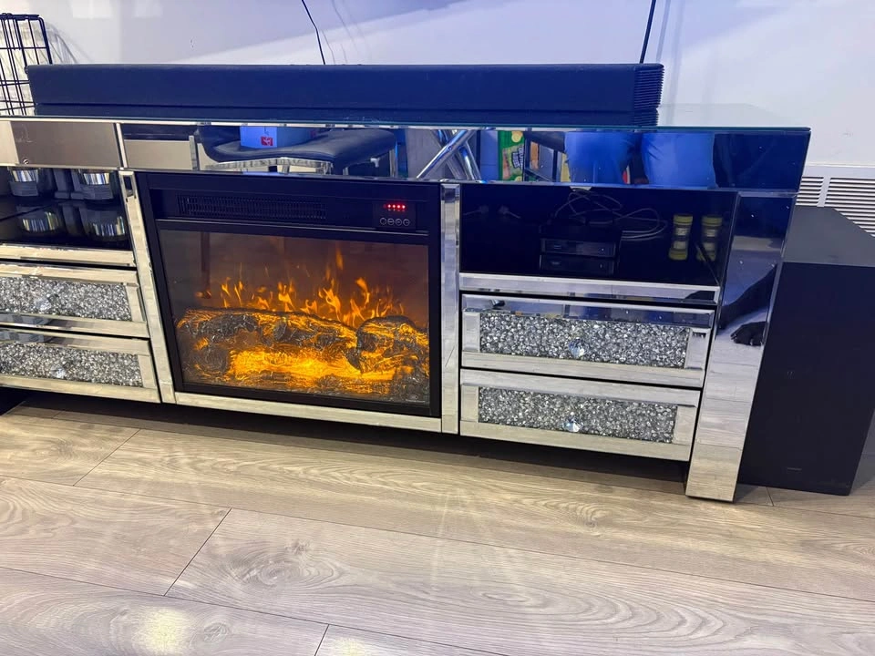 Mirrored Electric Fireplace TV Stand with Crushed Diamond Accent - photo 2