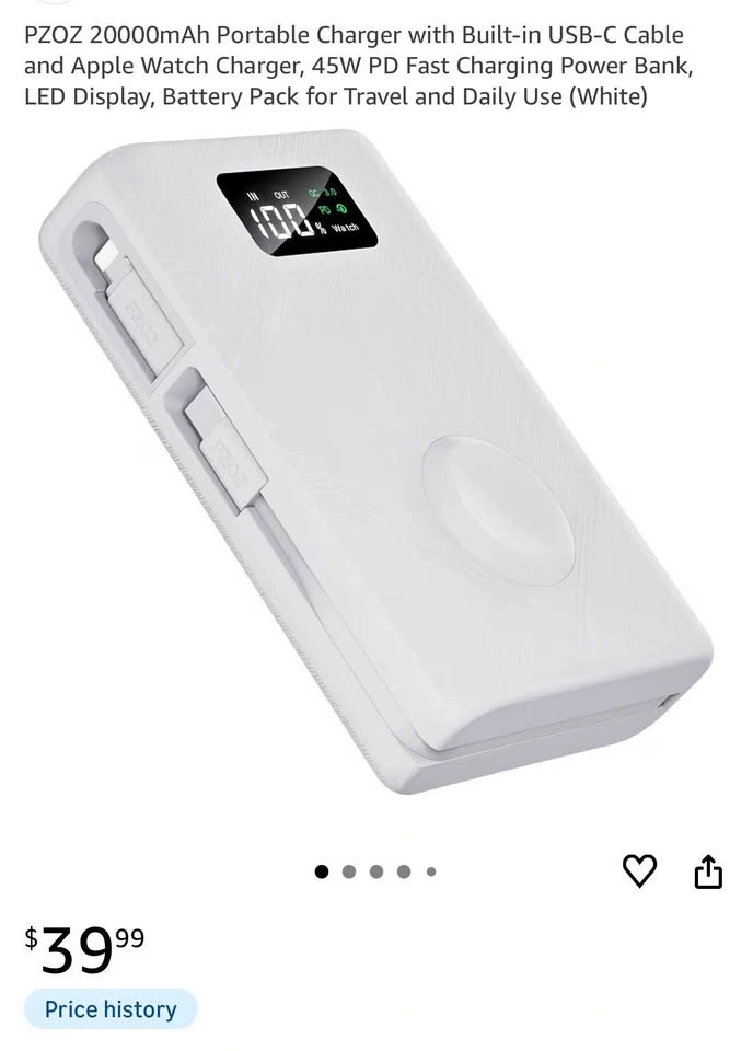 45W 20000mAh Power Bank with Built-in Cable & Watch Charger