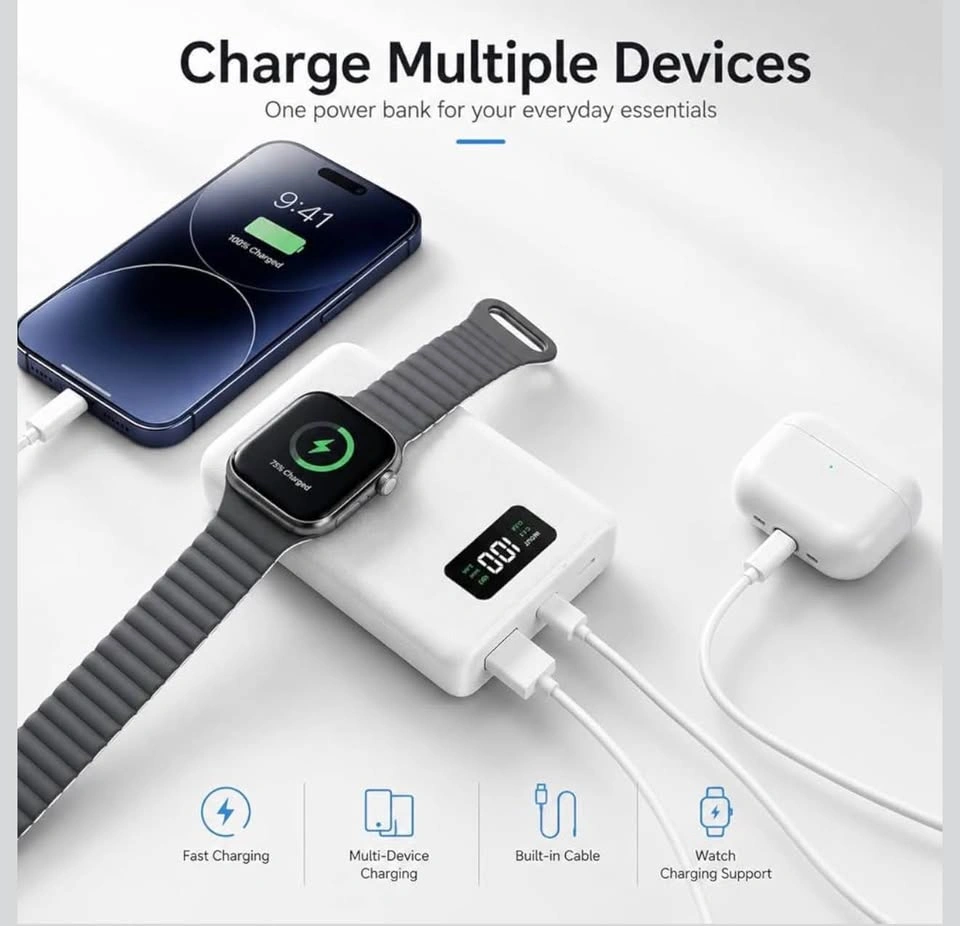 45W 20000mAh Power Bank with Built-in Cable & Watch Charger - photo 3