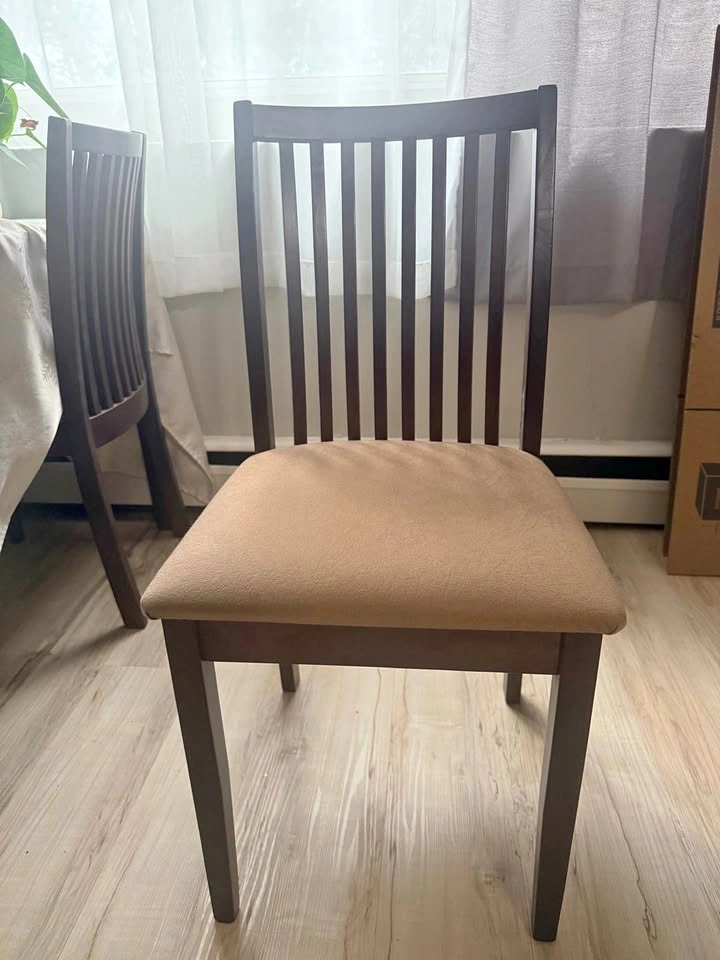 3 Dark Wood Dining Chairs with Beige Seats