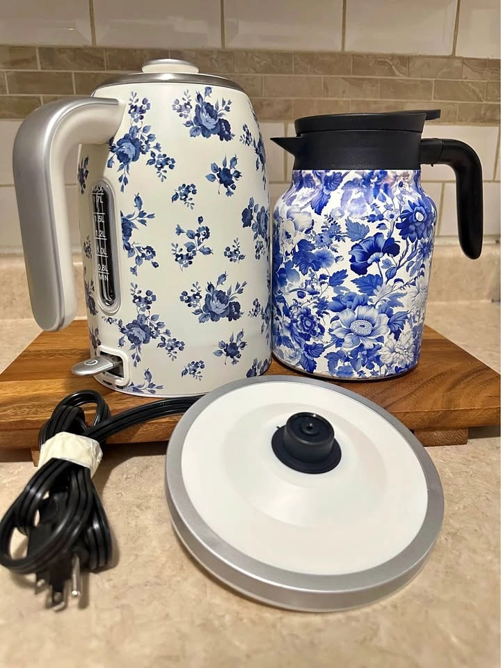 Blue Floral Electric Kettle and Thermal Carafe Set