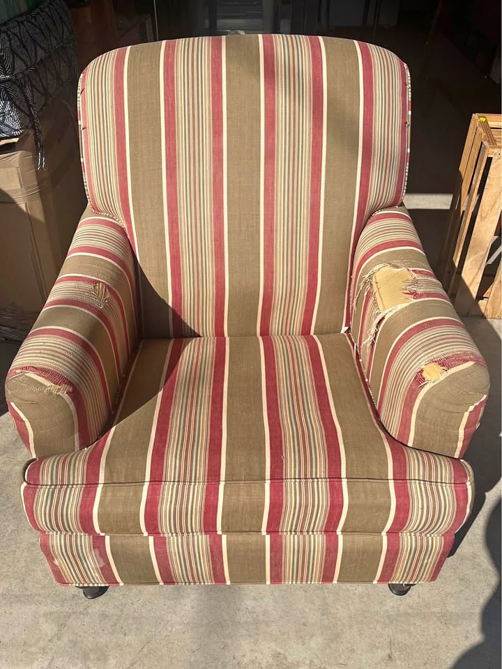 Pottery Barn Armchair, Striped, Arms In Disrepair