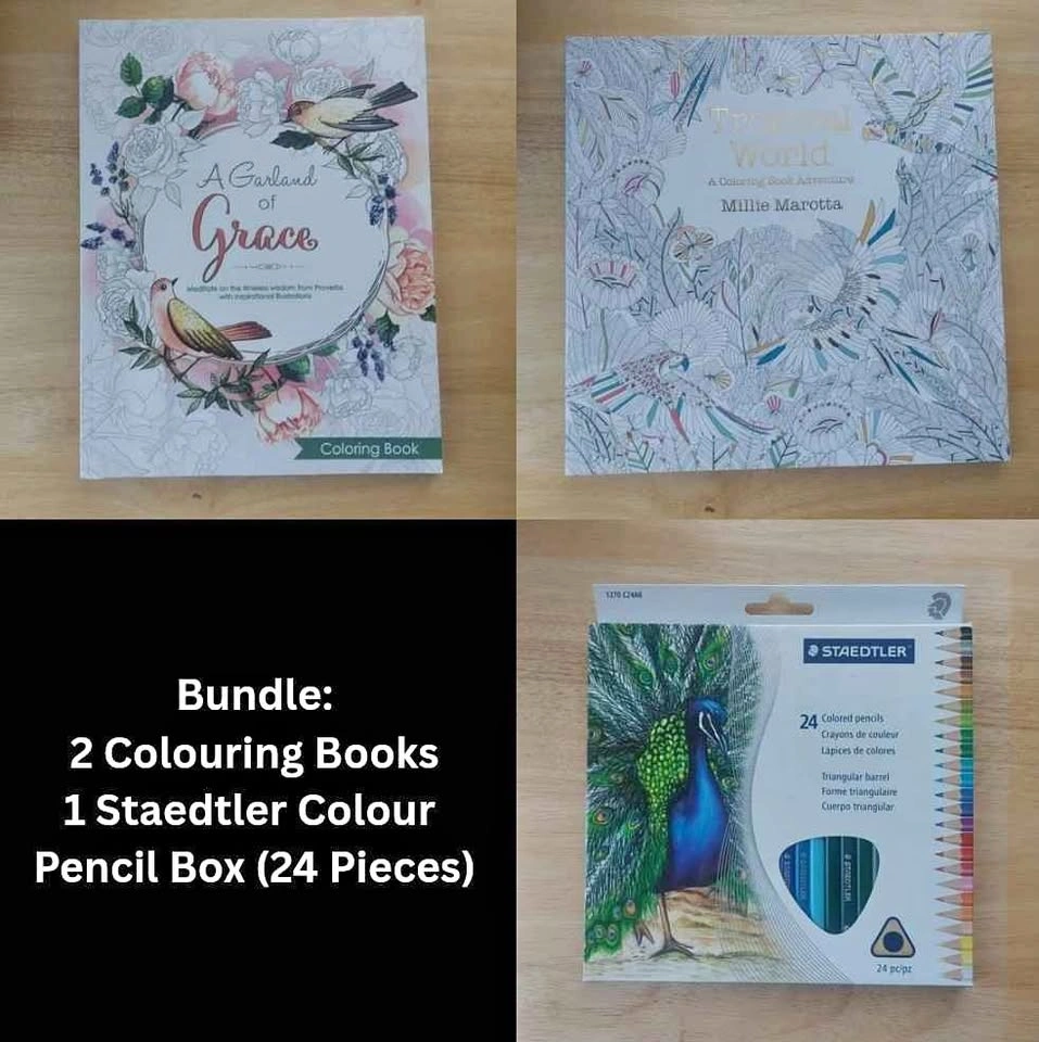 Bundle with 2 Coloring Books & Staedtler 24 Color Pencil Box