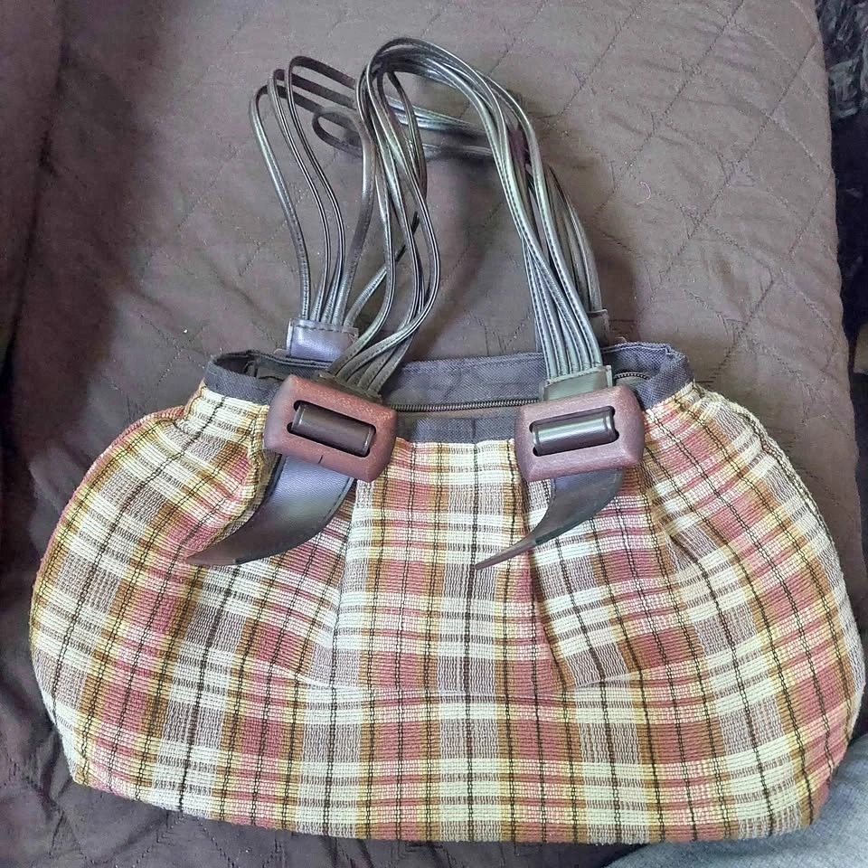 Plaid Handbag with Woven Materials