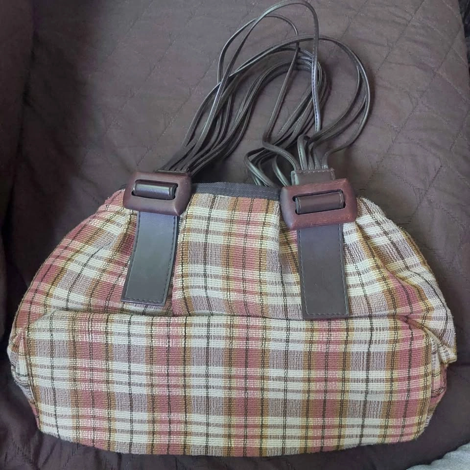 Plaid Handbag with Woven Materials - photo 2