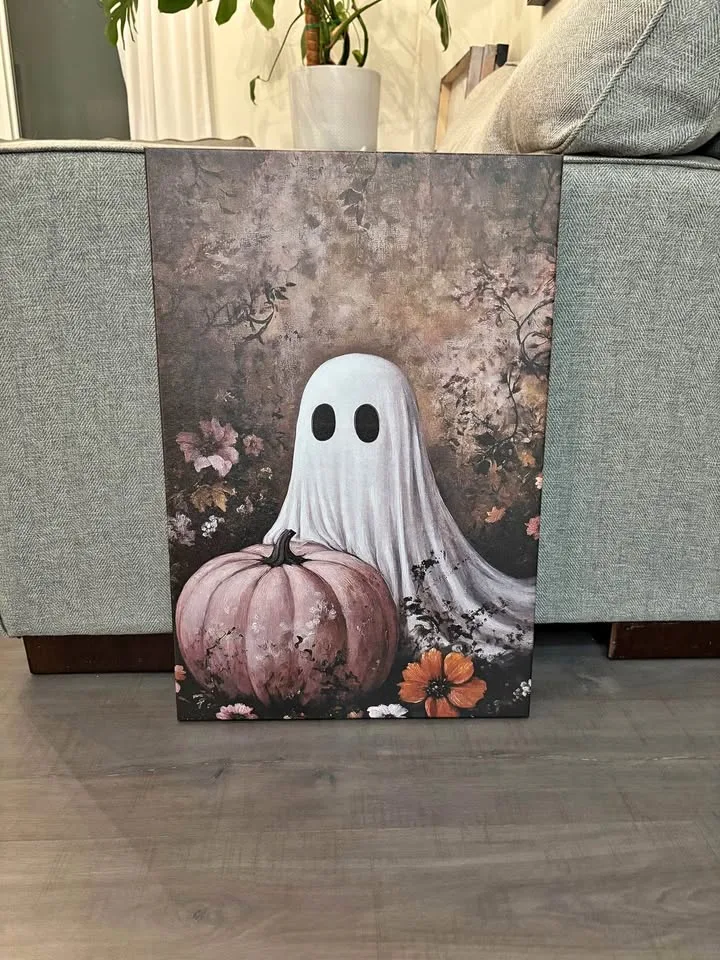 Ghost & Pink Pumpkin Canvas Wall Art - Ready To Hang thumbnail
