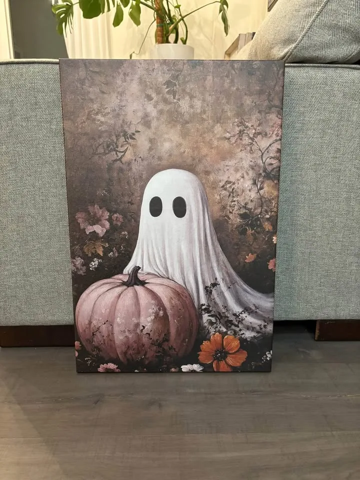 Ghost & Pink Pumpkin Canvas Wall Art - Ready To Hang image indicator(8)