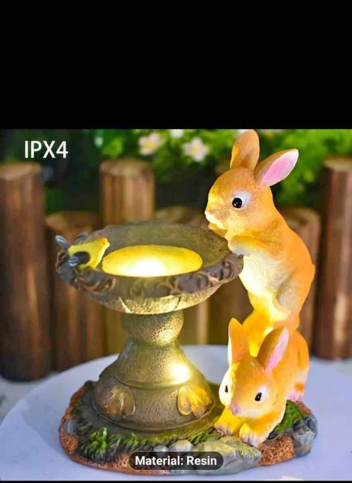 Solar Rabbit Birdbath Garden Statue with LED Light