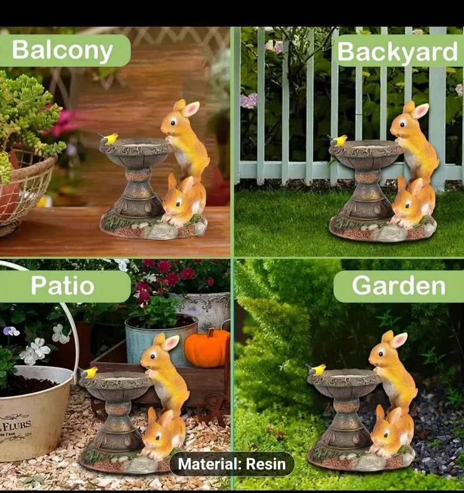 Solar Rabbit Birdbath Garden Statue with LED Light - photo 2