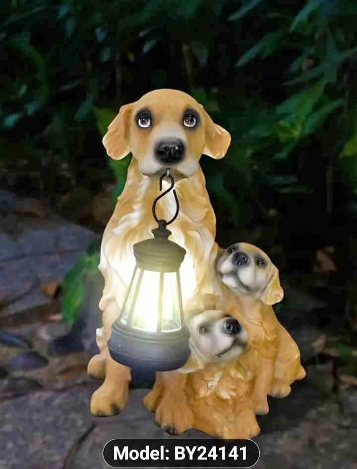 LED Golden Hairs Dog and 2 Puppies Solar Garden Statue