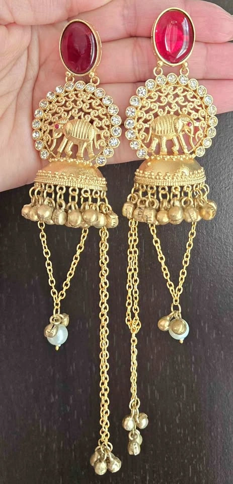 Gold Tone Jhumka Earrings with Red Stone and Elephant Design