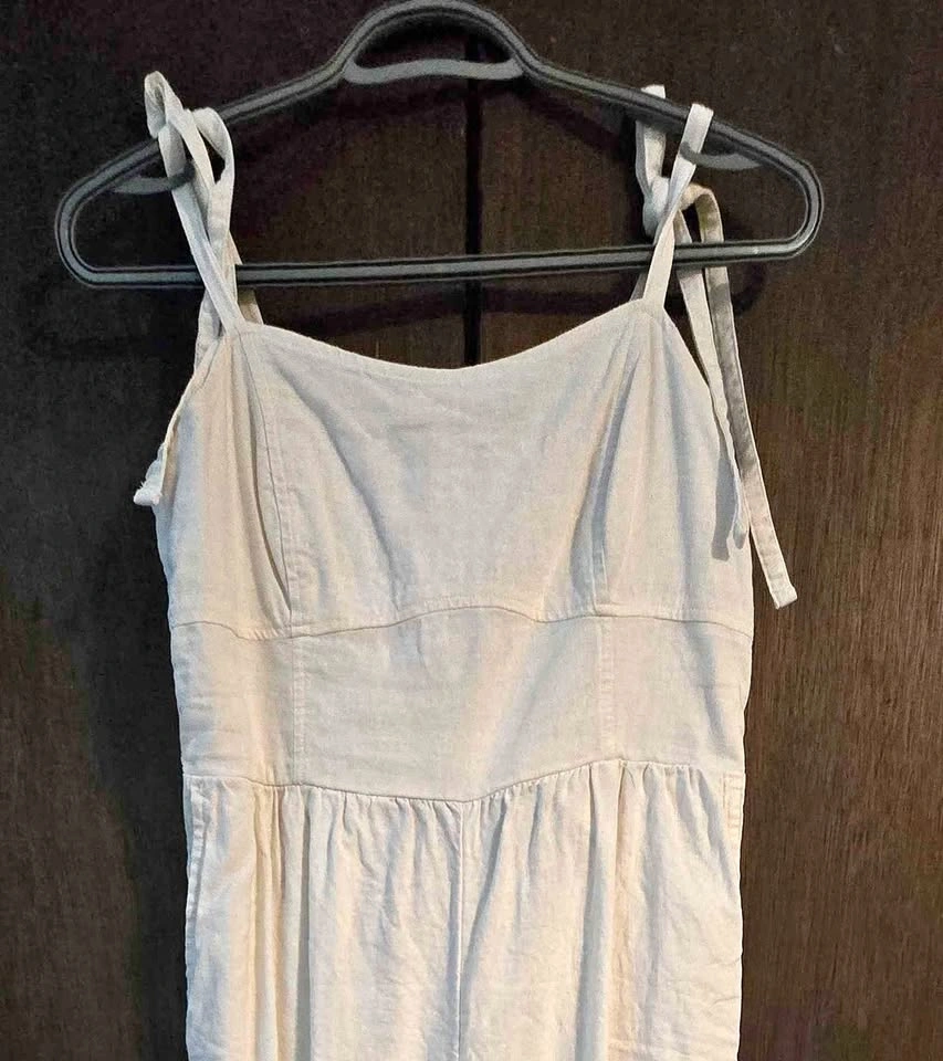 Linen blend Cream Tie-Strap Jumpsuit with Smocked Back