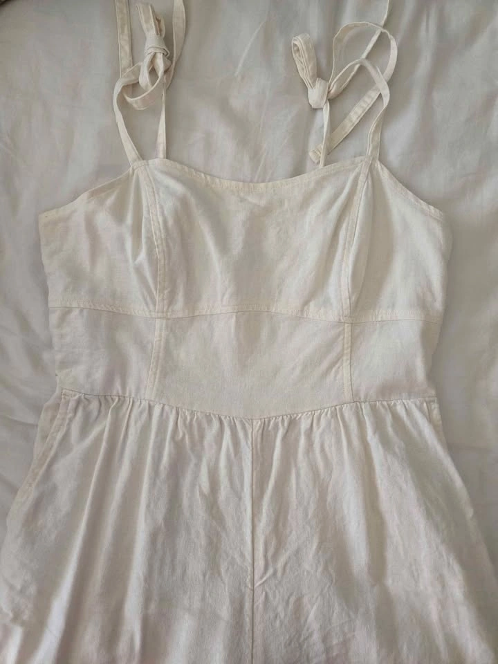 Linen blend Cream Tie-Strap Jumpsuit with Smocked Back - photo 2