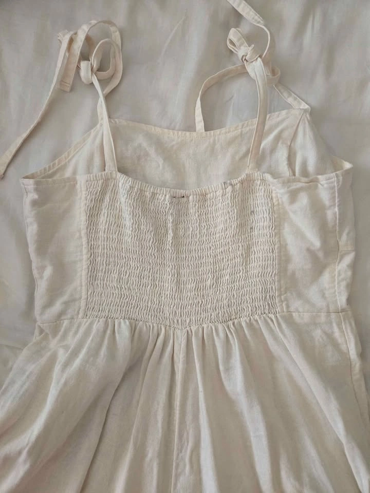 Linen blend Cream Tie-Strap Jumpsuit with Smocked Back - photo 3