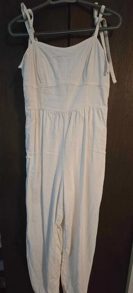 Linen blend Cream Tie-Strap Jumpsuit with Smocked Back - photo 4