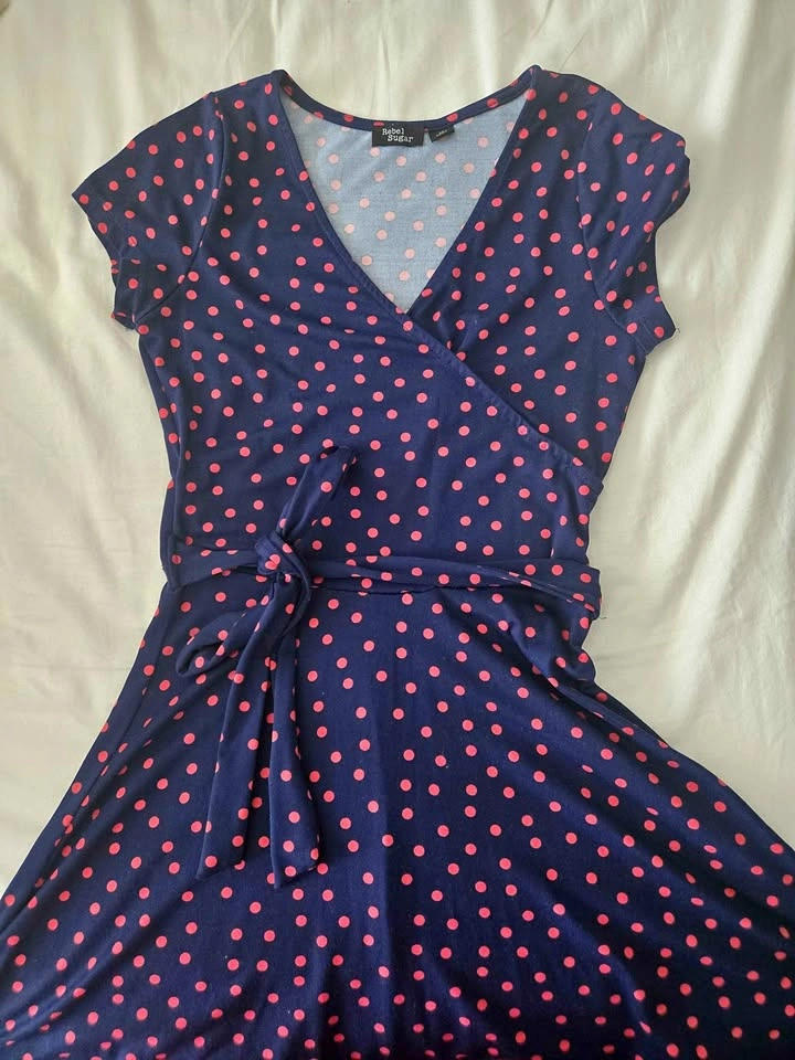 Rebel Sugar Navy Red Polka Dot Wrap Dress M