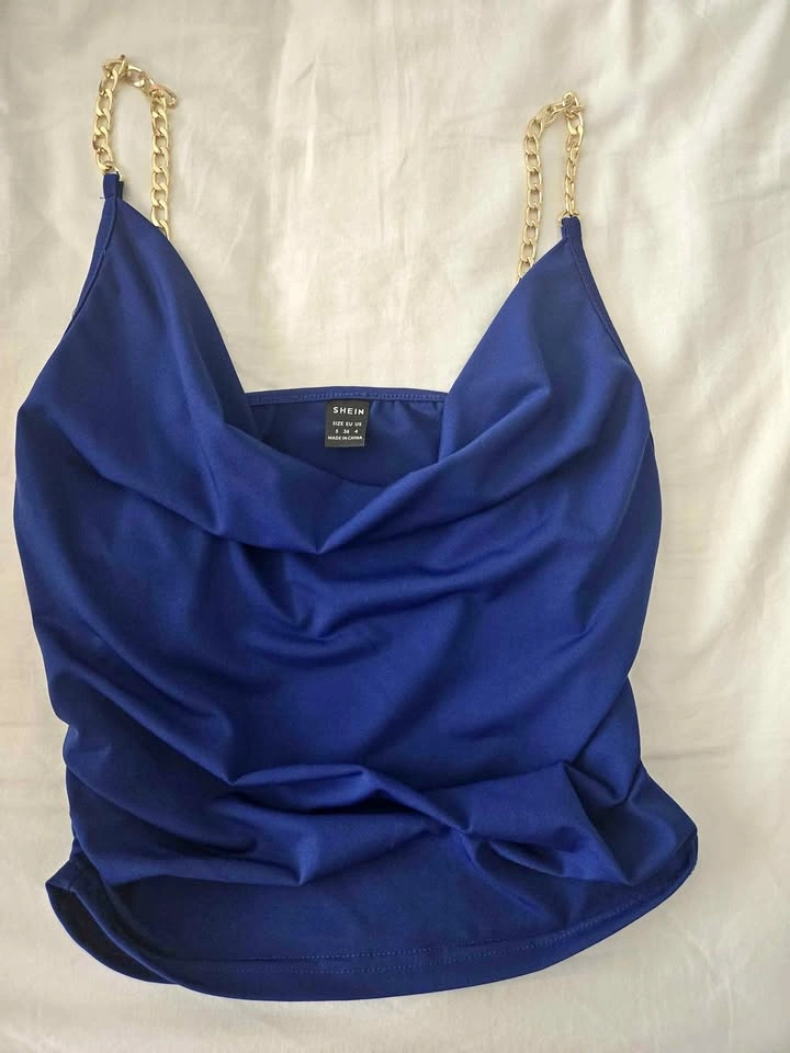 Blue Cowl Neck Top Gold Chain Straps