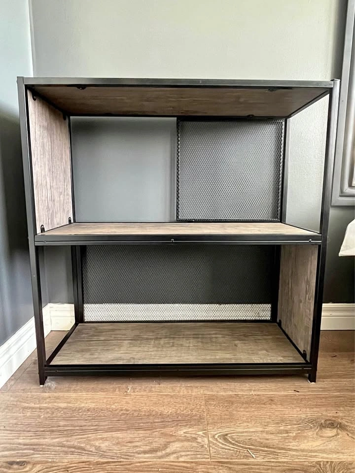 Metal and faux wood bookcase