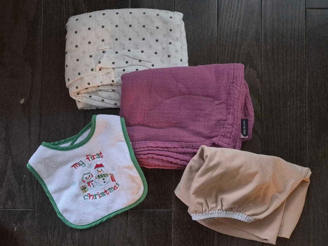 baby muslin blanket, nursing cover, crib sheet, and bib