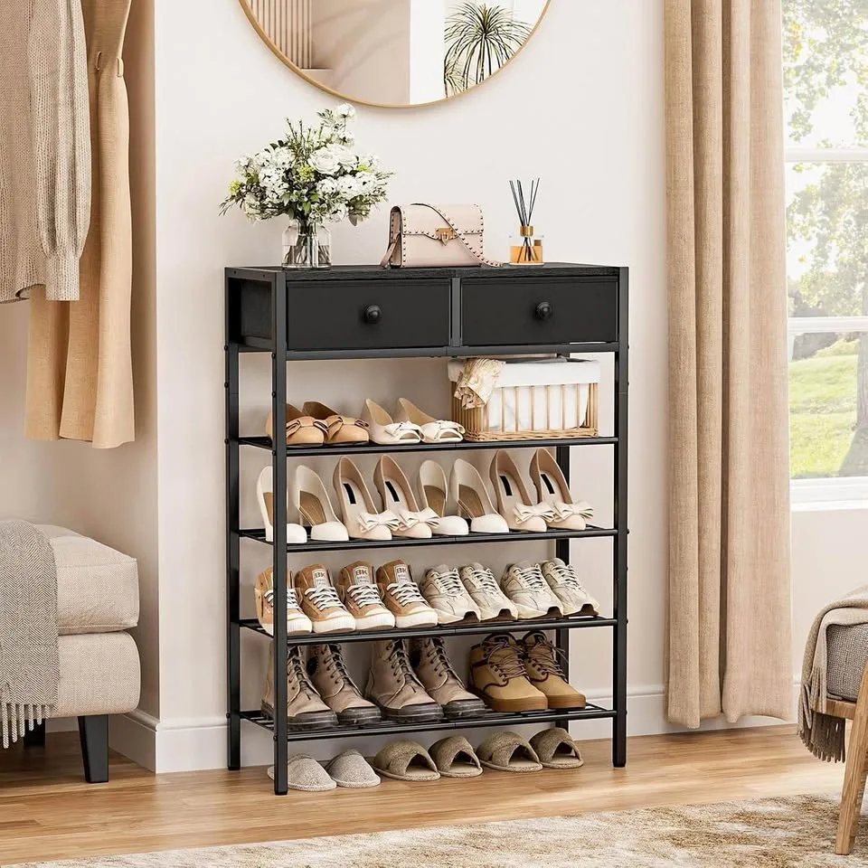 5-Tier Shoe Rack with Wooden Top & 2 Drawers thumbnail