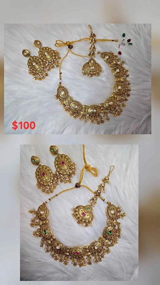 Premium Antique Gold Kundan Necklace Set with Maang Tikka