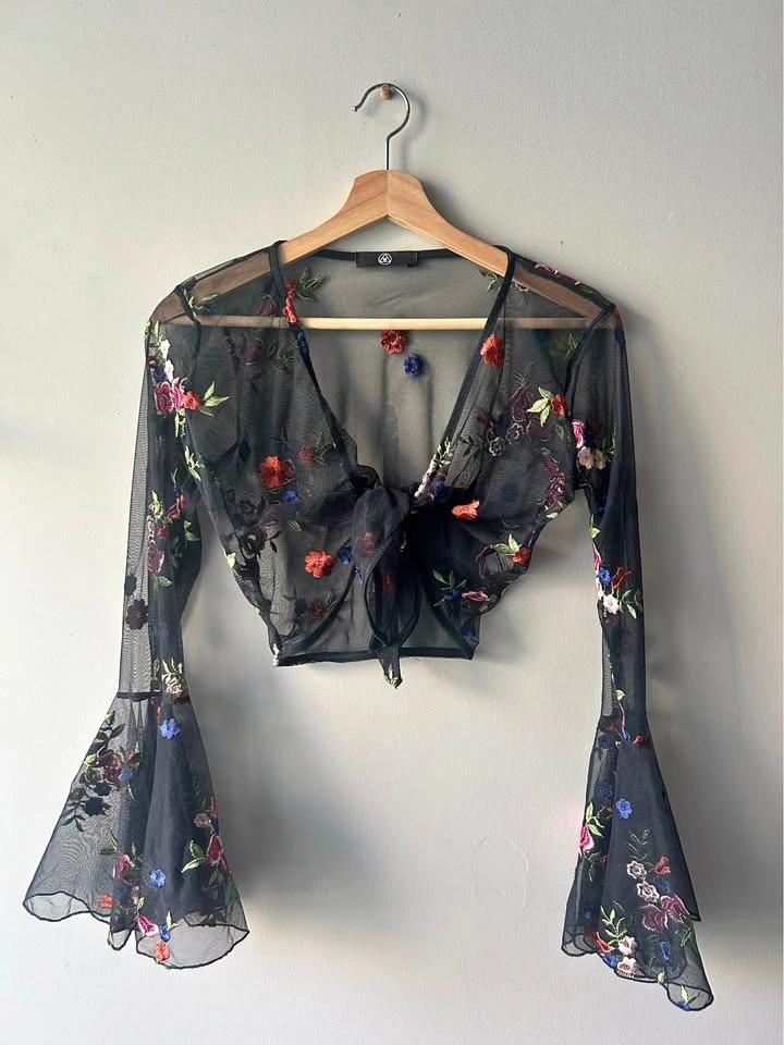 Missguided Sheer Black Embroidered Floral Witchy Top