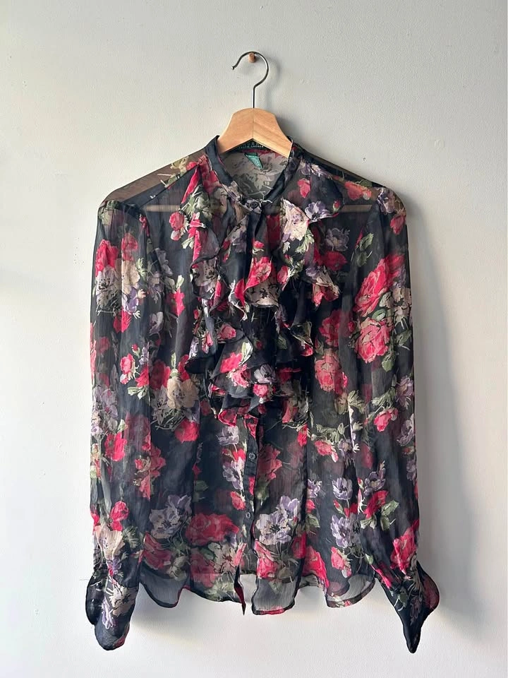 Vintage Ralph Lauren Sheer Floral Blouse Top Size Medium