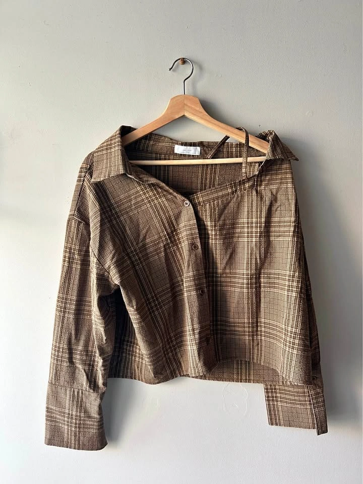 Oak & Fort Brown Plaid Asymmetric Top Blouse Size Large