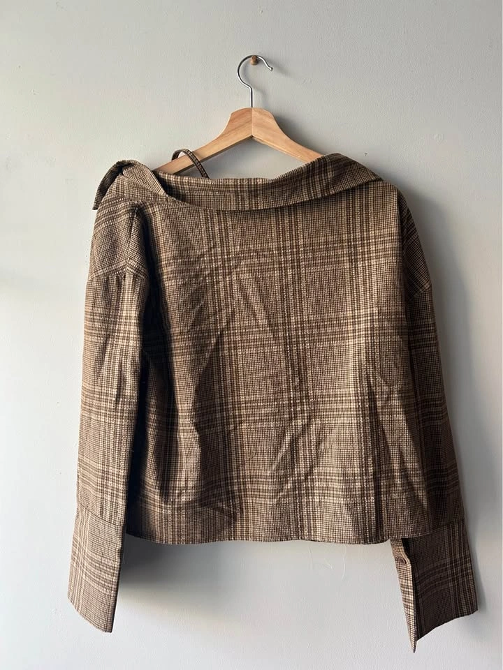 Oak & Fort Brown Plaid Asymmetric Top Blouse Size Large - photo 2