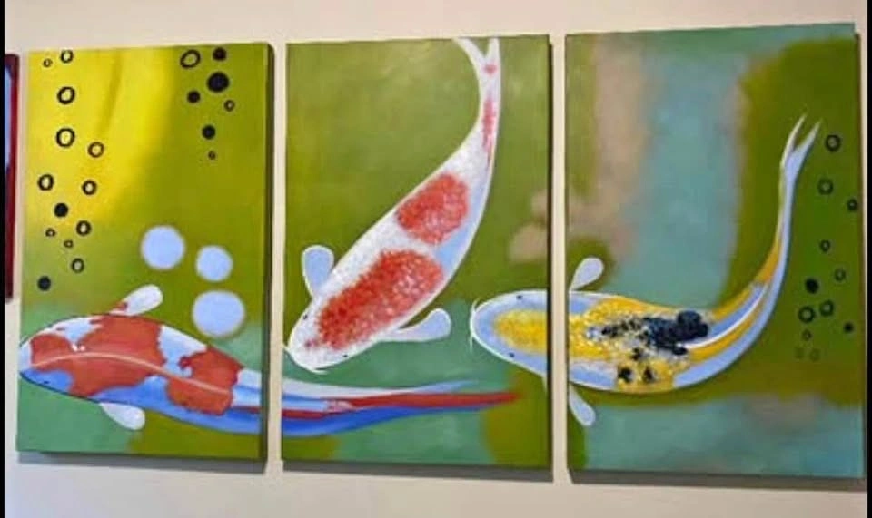 SAFAVIEH WORKS OF ART Triptych Koi fish Painting