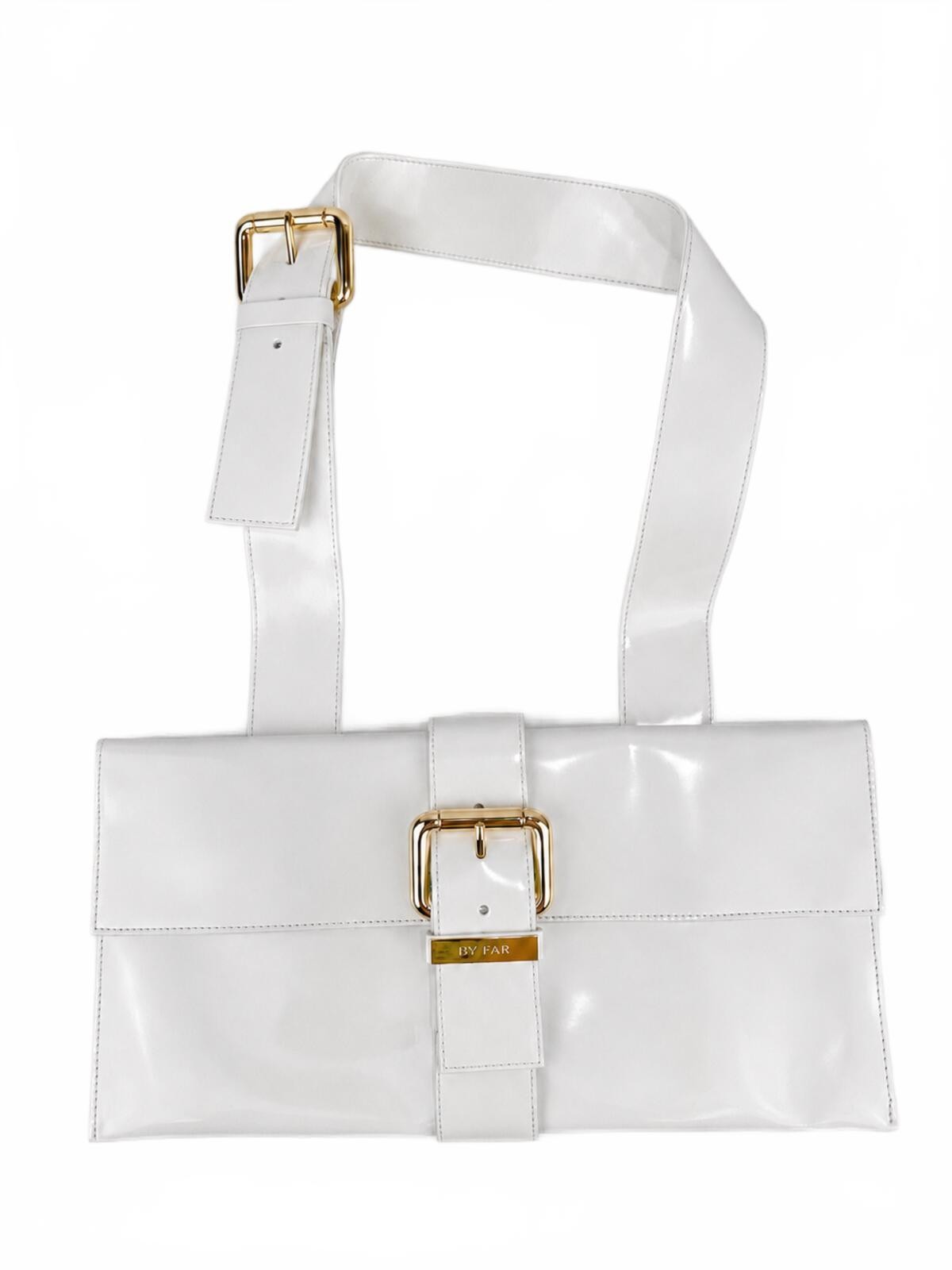 BY FAR Donna White Glossy Leather Shoulder Bag Gold Hardware M | - photo 2