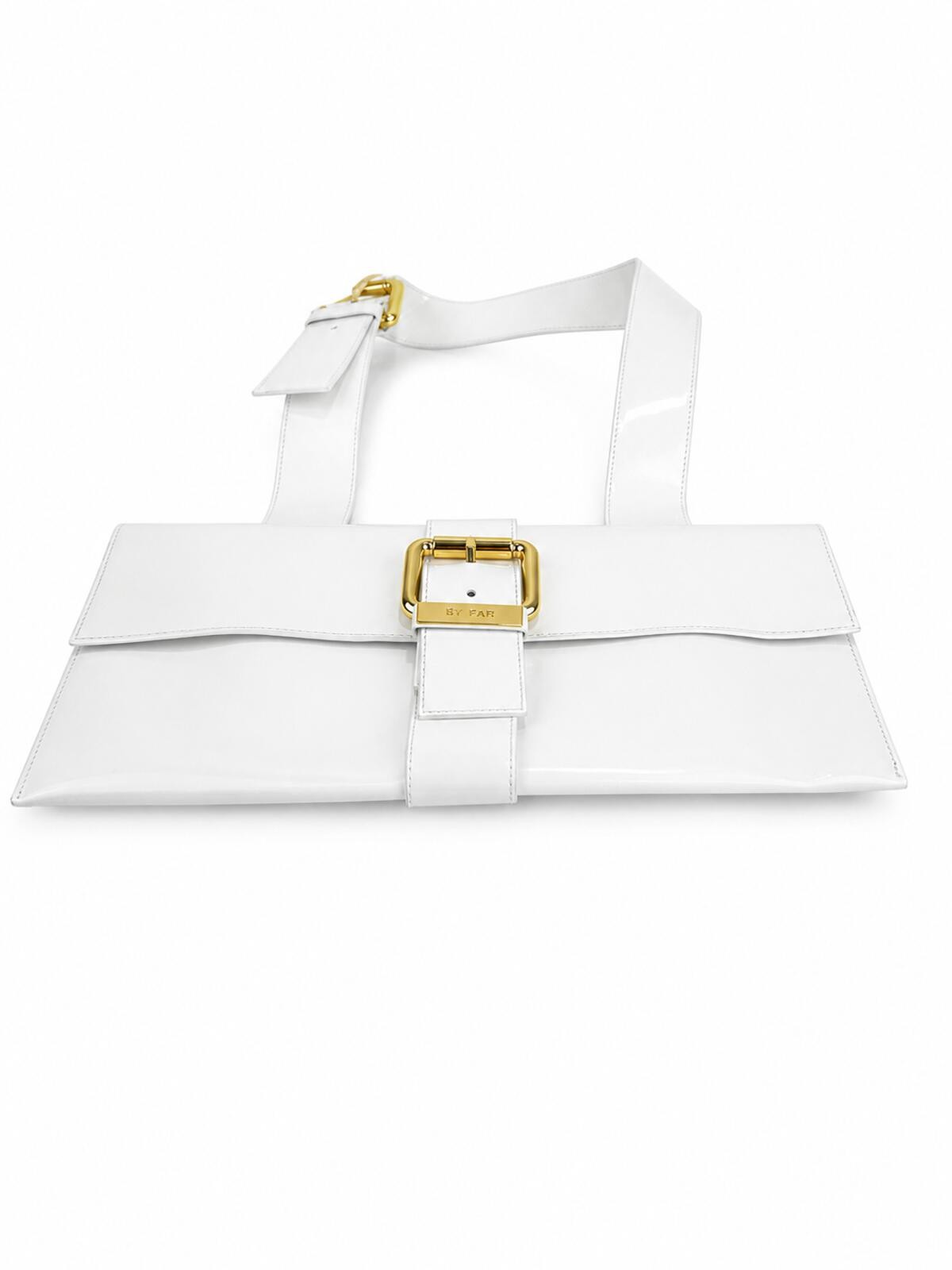 BY FAR Donna White Glossy Leather Shoulder Bag Gold Hardware M | - photo 4