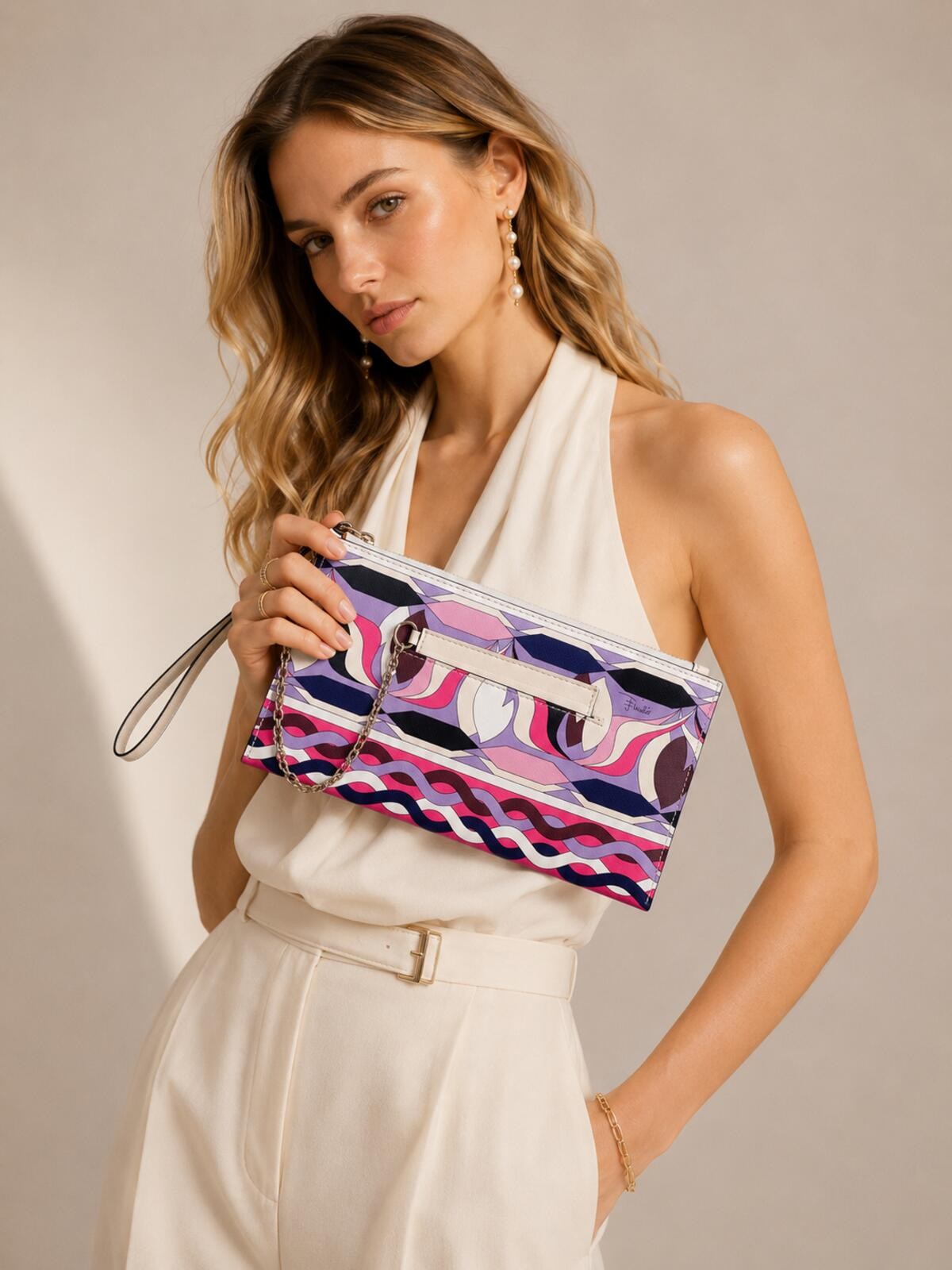 Pucci Geometric Print Leather Wristlet Clutch Pink Purple